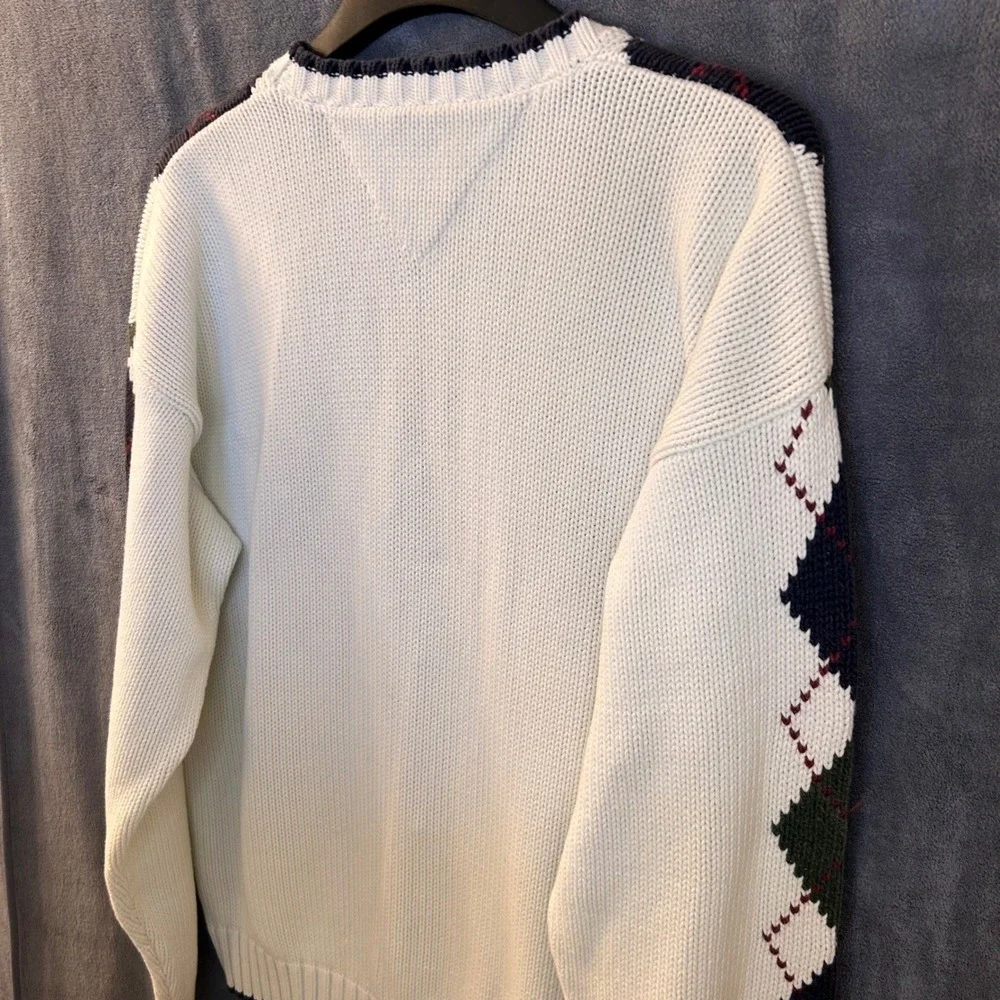 VTG Tommy Hilfiger Men's XL Argyle Heavy Knit Sweater Ivory Green Navy Cotton